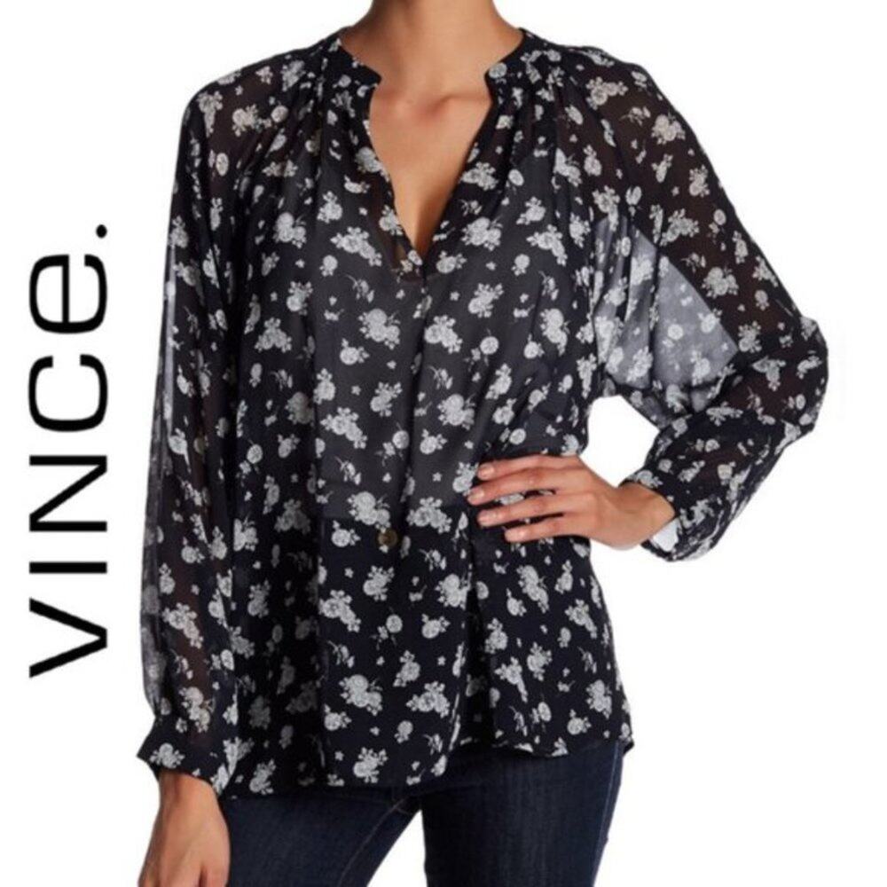 Vince Floral Shirred Neck Silk Blouse S